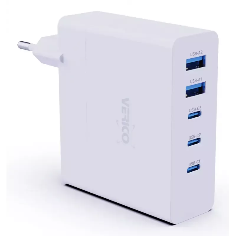 Verico MOJO GaN 140W kroviklis su 3×USB-C ir 2×USB-A prievadais, baltas