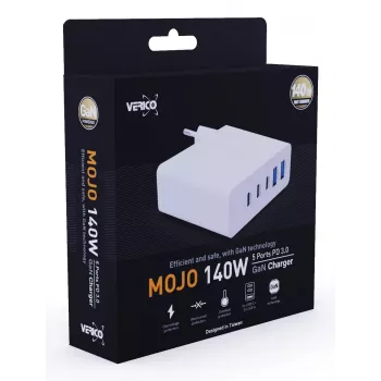 Verico MOJO GaN 140W kroviklis su 3×USB-C ir 2×USB-A prievadais, baltas