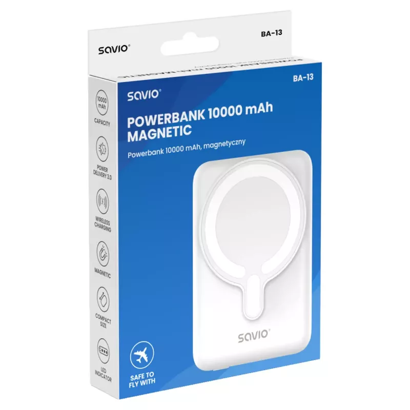 SAVIO BA-13 10000 mAh belaidis ir laidinis 20 W įkroviklis, Baltas