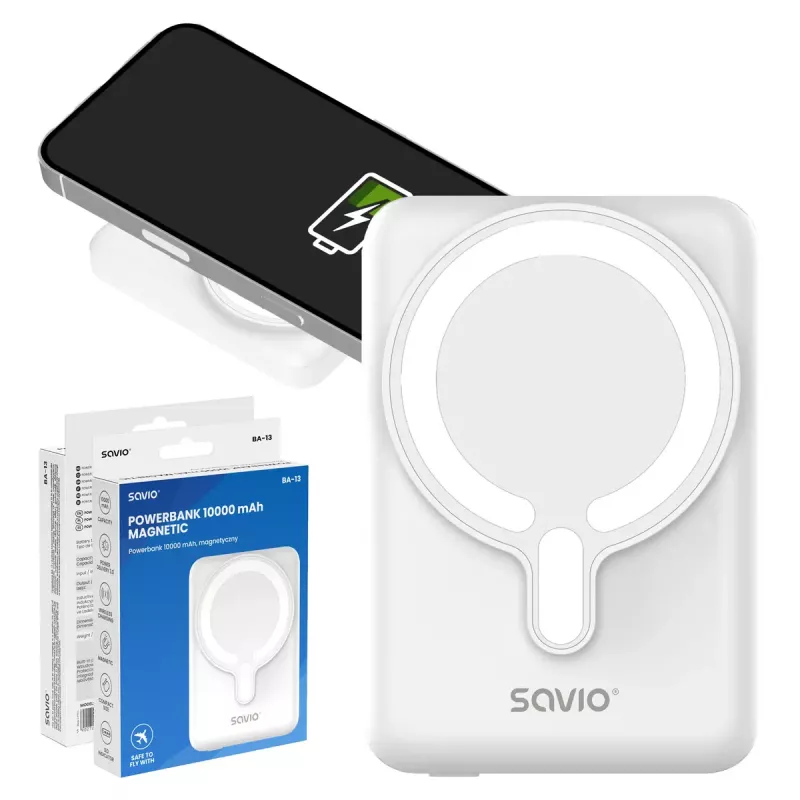 SAVIO BA-13 10000 mAh belaidis ir laidinis 20 W įkroviklis, Baltas