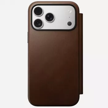 Nomad Modern Leather Folio odinis dėklas su aliuminiu, tinka iPhone 17 Pro Max (6,9 colio), rudas