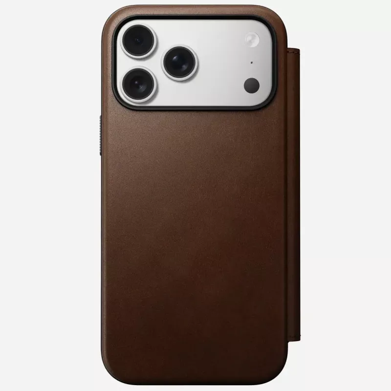 Nomad Modern Leather Folio odinis dėklas su aliuminiu, tinka iPhone 17 Pro Max (6,9 colio), rudas