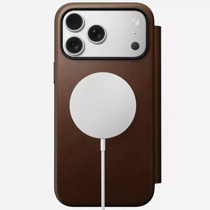 Nomad Modern Leather Folio odinis dėklas su aliuminiu, tinka iPhone 17 Pro Max (6,9 colio), rudas