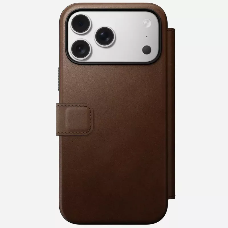 Nomad Modern Leather Folio odinis dėklas su aliuminiu, tinka iPhone 17 Pro Max (6,9 colio), rudas