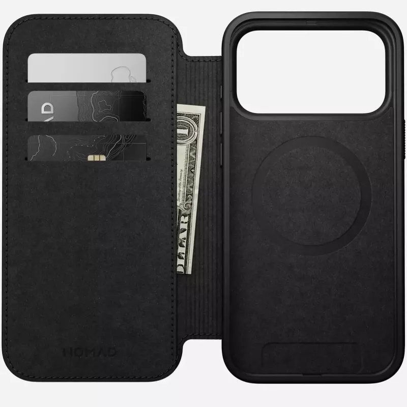 Nomad Modern Leather Folio odinis dėklas su aliuminiu, tinka iPhone 17 Pro Max (6,9 colio), rudas