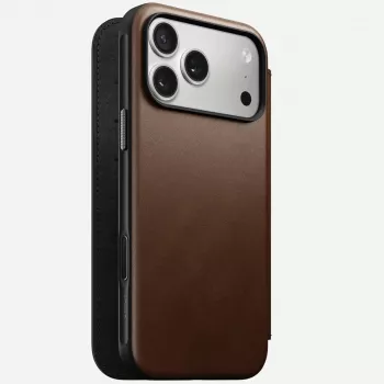 Nomad Modern Leather Folio odinis dėklas su aliuminiu, tinka iPhone 17 Pro Max (6,9 colio), rudas