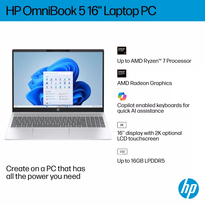 HP OmniBook 5 16-bc1002na AMD Ryzen™ 5 8540U nešiojamas kompiuteris 40,6 cm (16 colių) jutiklinis 2K 8 GB LPDDR5-SDRAM 512 GB SSD Wi-Fi 6 (802.11ax) Windows 11 Home sidabrinis