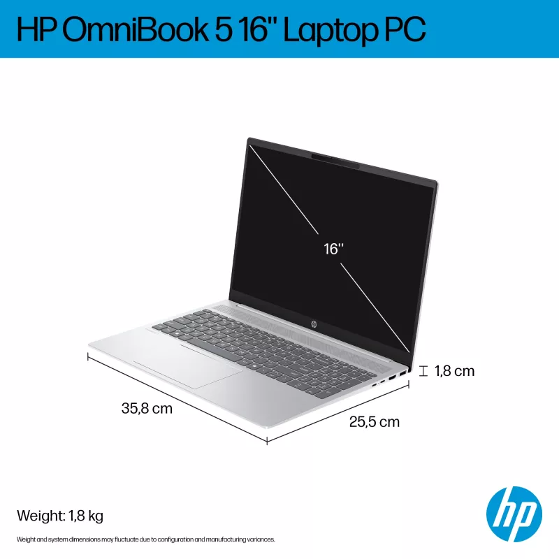 HP OmniBook 5 16-bc1002na AMD Ryzen™ 5 8540U nešiojamas kompiuteris 40,6 cm (16 colių) jutiklinis 2K 8 GB LPDDR5-SDRAM 512 GB SSD Wi-Fi 6 (802.11ax) Windows 11 Home sidabrinis