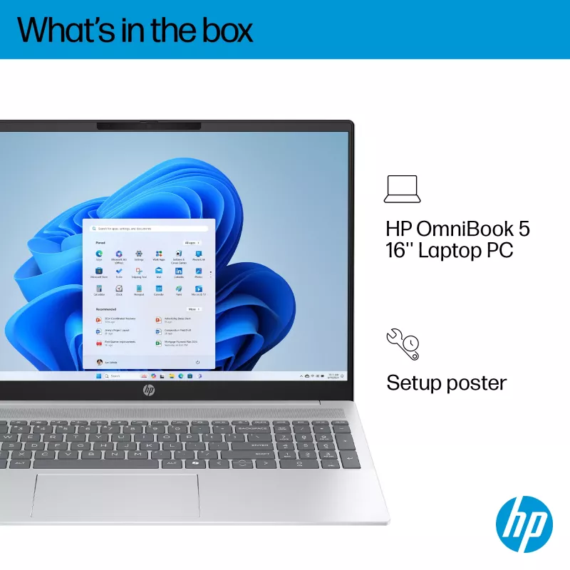 HP OmniBook 5 16-bc1002na AMD Ryzen™ 5 8540U nešiojamas kompiuteris 40,6 cm (16 colių) jutiklinis 2K 8 GB LPDDR5-SDRAM 512 GB SSD Wi-Fi 6 (802.11ax) Windows 11 Home sidabrinis