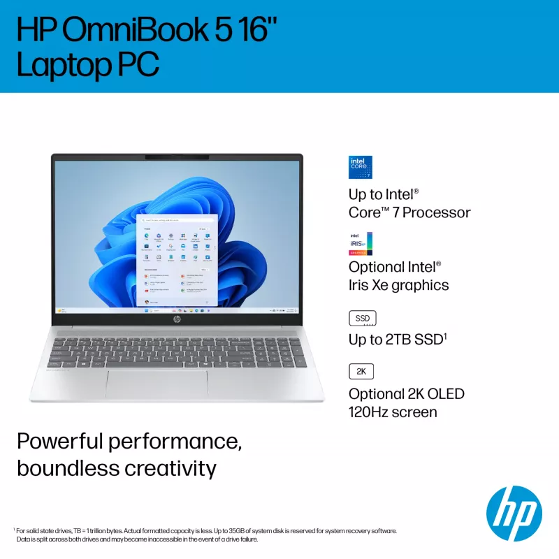 HP OmniBook 5 16-ba1005na nešiojamas kompiuteris, Intel® Core™ i3-1315U, 40.6 cm (16 col.) 2K, 8 GB LPDDR5-SDRAM, 512 GB SSD, Wi-Fi 6 (802.11ax), Windows 11 Home, sidabrinis