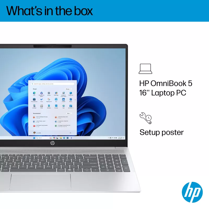 HP OmniBook 5 16-ba1005na nešiojamas kompiuteris, Intel® Core™ i3-1315U, 40.6 cm (16 col.) 2K, 8 GB LPDDR5-SDRAM, 512 GB SSD, Wi-Fi 6 (802.11ax), Windows 11 Home, sidabrinis