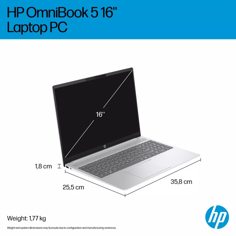 HP OmniBook 5 16-ba1005na nešiojamas kompiuteris, Intel® Core™ i3-1315U, 40.6 cm (16 col.) 2K, 8 GB LPDDR5-SDRAM, 512 GB SSD, Wi-Fi 6 (802.11ax), Windows 11 Home, sidabrinis