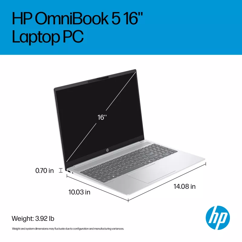 HP OmniBook 5 16-ba1005na nešiojamas kompiuteris, Intel® Core™ i3-1315U, 40.6 cm (16 col.) 2K, 8 GB LPDDR5-SDRAM, 512 GB SSD, Wi-Fi 6 (802.11ax), Windows 11 Home, sidabrinis