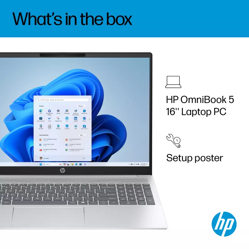 HP OmniBook 5 16-ba1005na nešiojamas kompiuteris, Intel® Core™ i3-1315U, 40.6 cm (16 col.) 2K, 8 GB LPDDR5-SDRAM, 512 GB SSD, Wi-Fi 6 (802.11ax), Windows 11 Home, sidabrinis