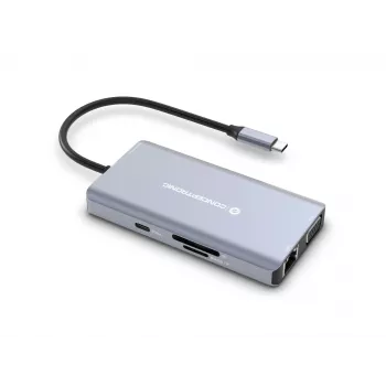 Conceptronic DONN20G 10-in-1 USB 3.2 Gen 1 Dockavimo stotis, HDMI, VGA, USB-A 5Gbps, USB-C 5Gbps, SD, TF/MicroSD, Garsas, GbE LAN, 100W USB PD