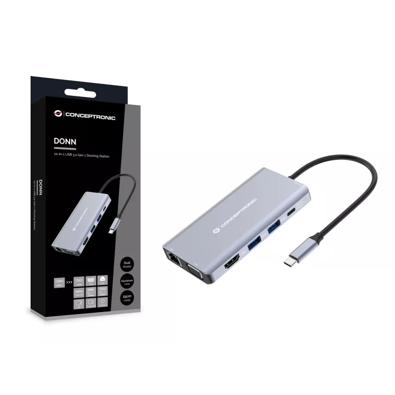 Conceptronic DONN20G 10-in-1 USB 3.2 Gen 1 Dockavimo stotis, HDMI, VGA, USB-A 5Gbps, USB-C 5Gbps, SD, TF/MicroSD, Garsas, GbE LAN, 100W USB PD