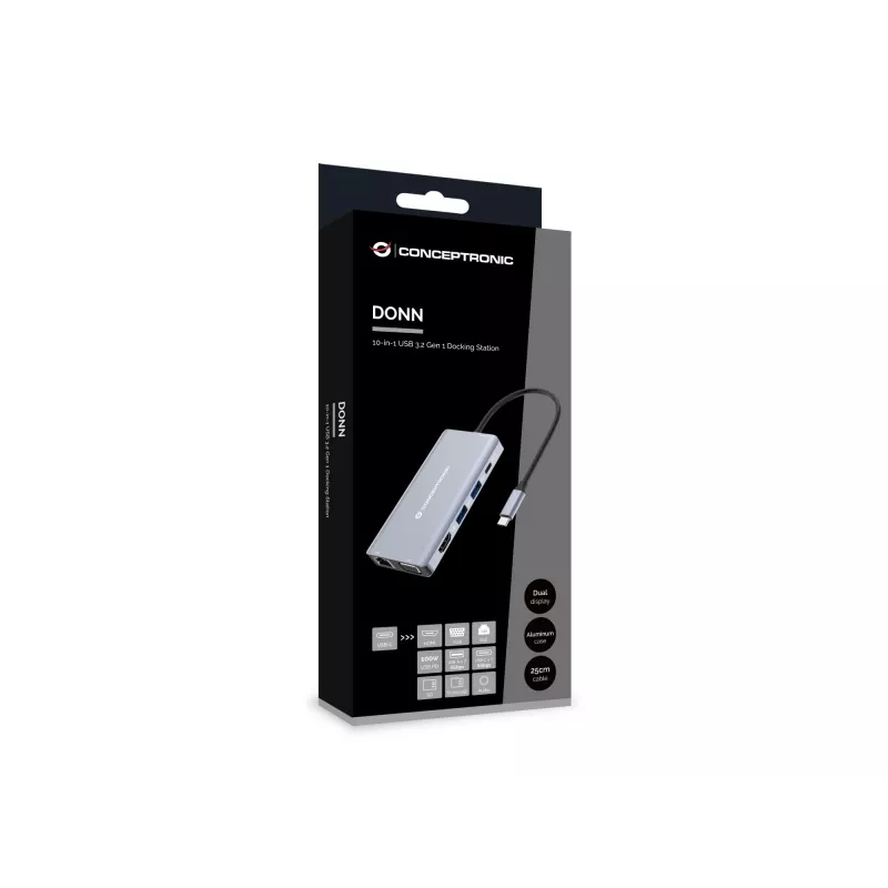 Conceptronic DONN20G 10-in-1 USB 3.2 Gen 1 Dockavimo stotis, HDMI, VGA, USB-A 5Gbps, USB-C 5Gbps, SD, TF/MicroSD, Garsas, GbE LAN, 100W USB PD