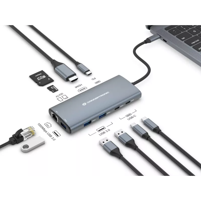 Conceptronic DONN06G 10-in-1 USB 3.2 Gen 1 Docking Station, HDMI, 100W USB PD, USB-C 5Gbps x 2, USB-A 5Gbps x 3, SD, TF/MicroSD, GbE
