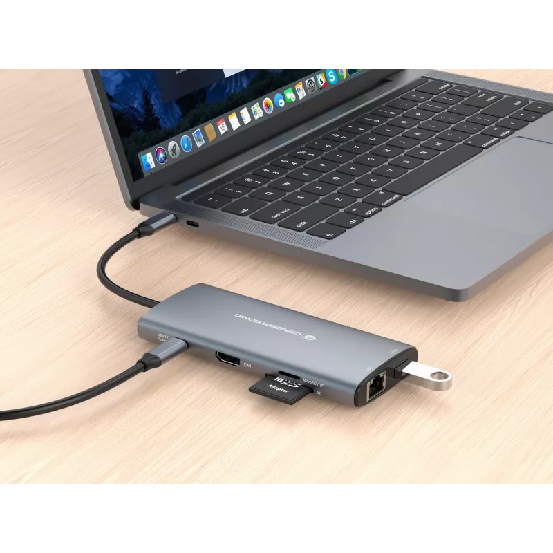 Conceptronic DONN06G 10-in-1 USB 3.2 Gen 1 Docking Station, HDMI, 100W USB PD, USB-C 5Gbps x 2, USB-A 5Gbps x 3, SD, TF/MicroSD, GbE