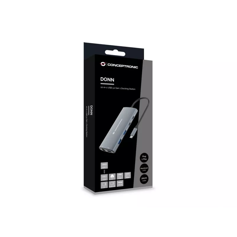 Conceptronic DONN06G 10-in-1 USB 3.2 Gen 1 Docking Station, HDMI, 100W USB PD, USB-C 5Gbps x 2, USB-A 5Gbps x 3, SD, TF/MicroSD, GbE