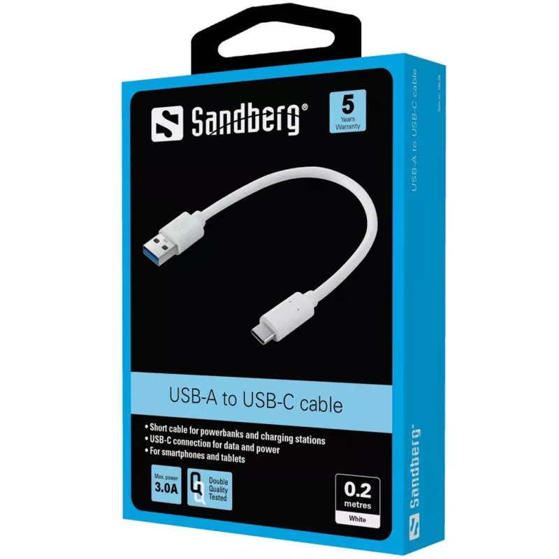 Sandberg USB-C 3.1 į USB-A 3.0 laidas 0,2 m, USB 3.2 Gen 1, baltas