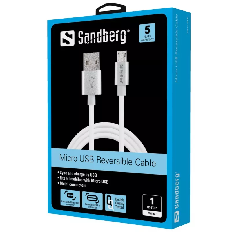 Sandberg MicroUSB Reversible kabelis 1 m, USB A – Micro-USB A, sidabrinis, baltas