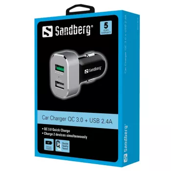 Sandberg automobilinis įkroviklis 1xQC 3.0+1xUSB 2,4A, automatinis, cigarečių degtukas, 12 V, aliuminis, juodas