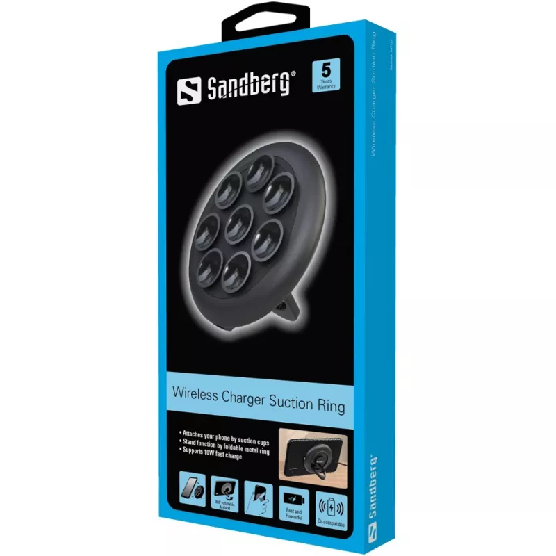Sandberg Wireless Charger Suction Ring, belaidis įkroviklis su siurbimo žiedu, vidaus ir lauko naudojimui, USB, belaidis įkrovimas, PowerIQ, juoda