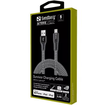 Sandberg Survivor Lightning kabelis 2 m, USB A – Lightning, vyriški kištukai, juodai pilkas