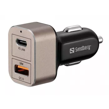 Sandberg automobilinis įkroviklis 1xQC3.0+1xUSB-C 24W, cigarečių degtukas, 12 V, juoda, pilka