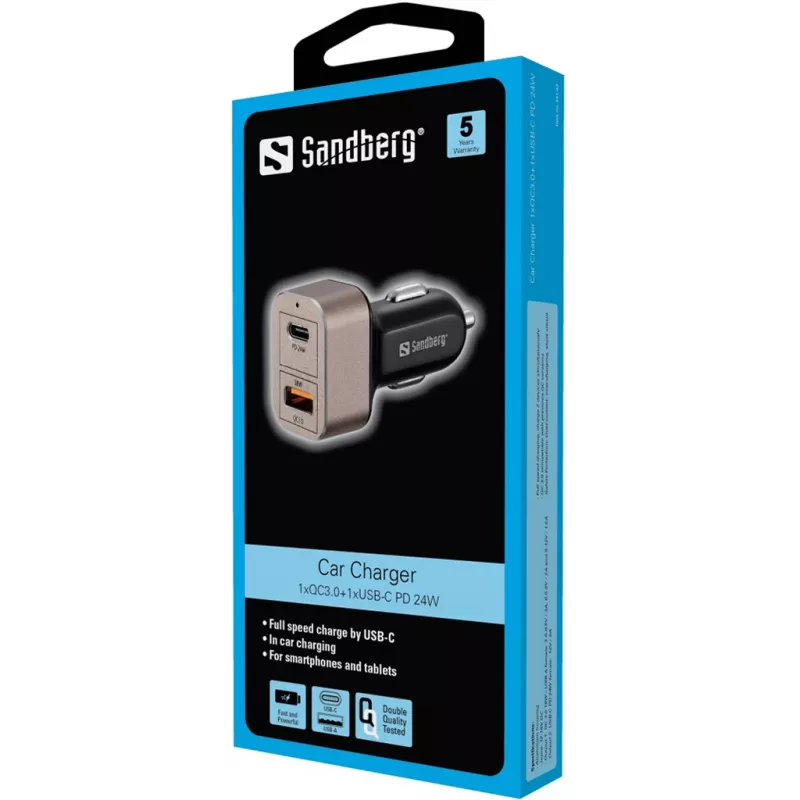 Sandberg automobilinis įkroviklis 1xQC3.0+1xUSB-C 24W, cigarečių degtukas, 12 V, juoda, pilka