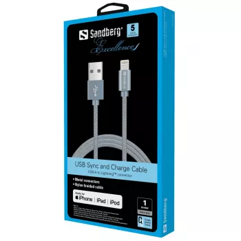 Sandberg Excellence Lightning Grey 1m, 1 m, Lightning, USB A, Pilka, Tiesus, Tiesus