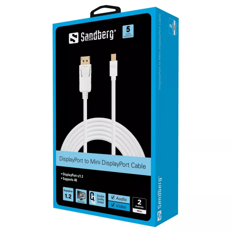 Sandberg DP-MiniDP 1.2 4K M-M 2m, 2 m, DisplayPort, Mini DisplayPort, Kištukas, Kištukas, Baltas