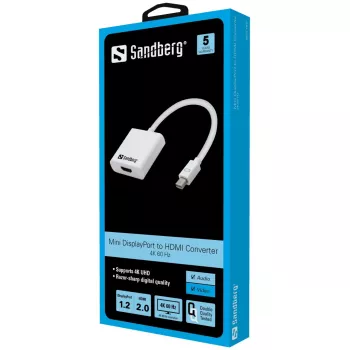 Sandberg Adapter MiniDP 1.2>HDMI 2.0 4K60, Mini DisplayPort, HDMI, Kištukas, Lizdas, 3840 x 2160 pikselių, 6 Gbit/s