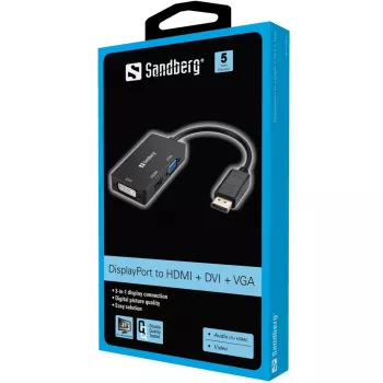 Sandberg adapter DisplayPort į HDMI + DVI + VGA, 0,19 m