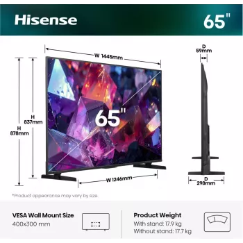Televizorius Hisense 65E7S PRO 165,1 cm (65 col.) UHD+ QLED Smart TV Wi-Fi Juodas 350 cd/m²