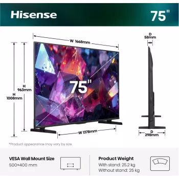 Hisense 75E7S PRO televizorius 190,5 cm (75 col.) UHD+ Smart TV Wi-Fi juodas 350 cd/m²