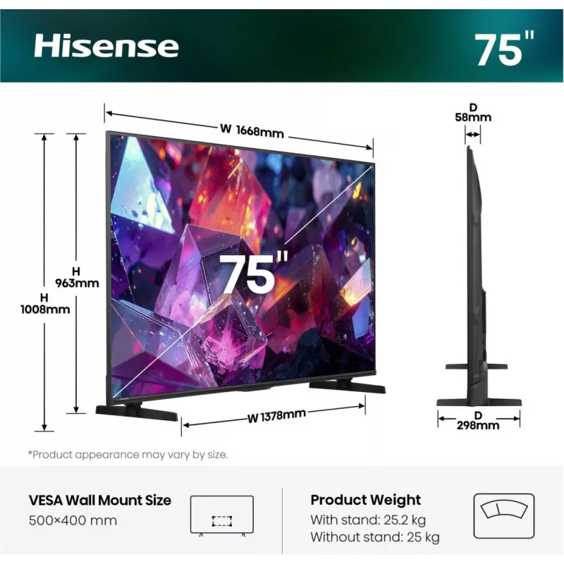 Hisense 75E7S PRO televizorius 190,5 cm (75 col.) UHD+ Smart TV Wi-Fi juodas 350 cd/m²