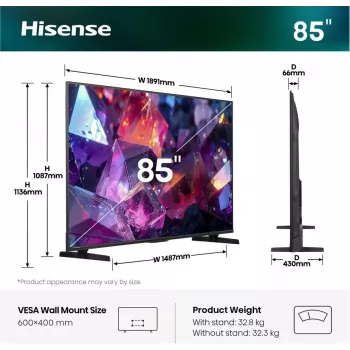 Hisense 85E7S PRO televizorius 2,16 m (85 colių) UHD+ Smart TV Wi-Fi juodas 400 cd/m²