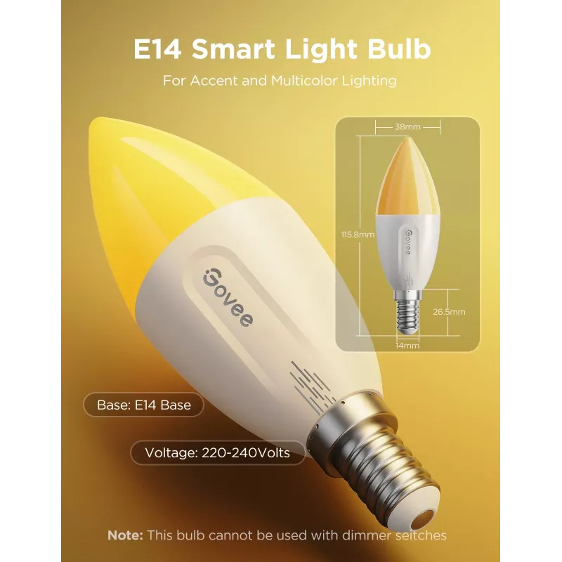 LED lemputė Govee B600CCC1 RGBWW E14 2 vnt. – išmanioji spalvų reguliavimo lemputė, šilta-šalta balta šviesa