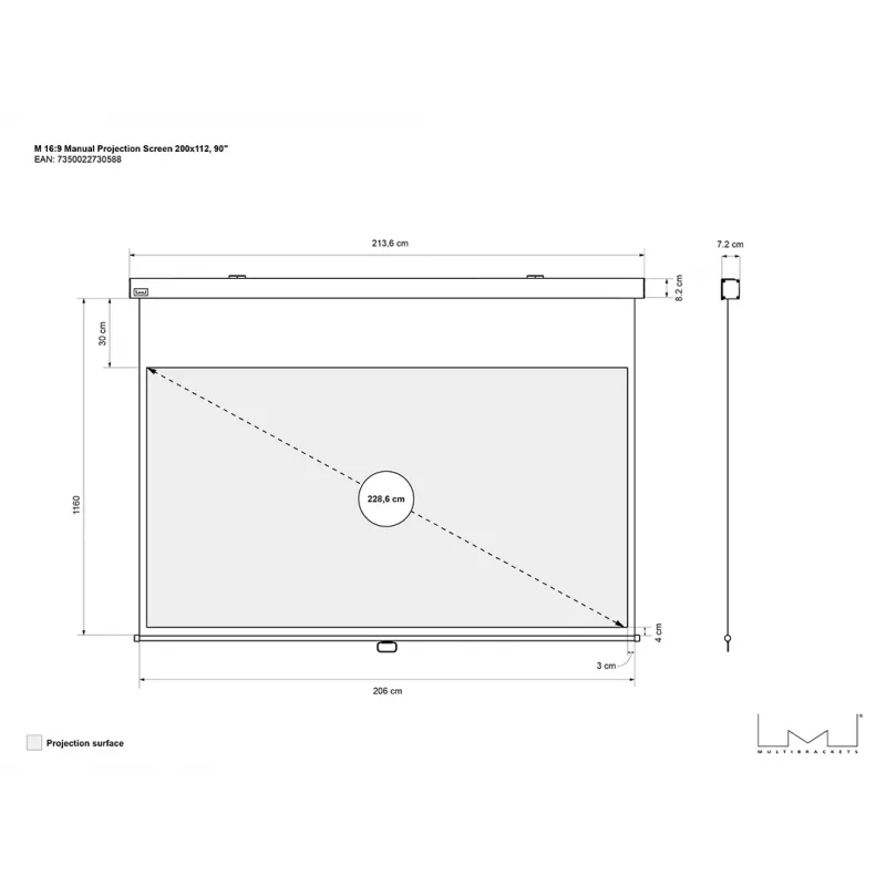 Multibrackets M 16:9 rankomis valdomas projektorinis ekranas 200x112 cm, 90 colių