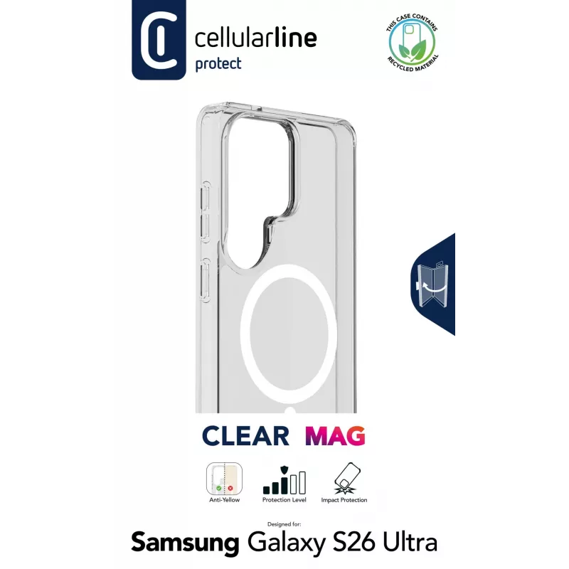 Cellularline Clear Mag - Galaxy S26 Ultra itin tvirtas permatomas dėklas su guminiu kraštu, suderinamas su Qi2 ekosistema ir magnetiniais priedais, apdorotas nuo pageltimo