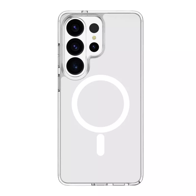 Cellularline Clear Mag - Galaxy S26 Ultra itin tvirtas permatomas dėklas su guminiu kraštu, suderinamas su Qi2 ekosistema ir magnetiniais priedais, apdorotas nuo pageltimo