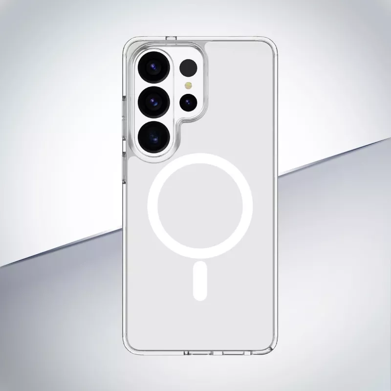 Cellularline Clear Mag - Galaxy S26 Ultra itin tvirtas permatomas dėklas su guminiu kraštu, suderinamas su Qi2 ekosistema ir magnetiniais priedais, apdorotas nuo pageltimo