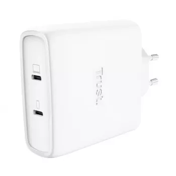 Įkroviklis TRUST Maxo 100W 2-Port USB-C GaN — 100 W, 2x USB-C, 20 V maks., AC vidaus, 2 m laidas, baltas