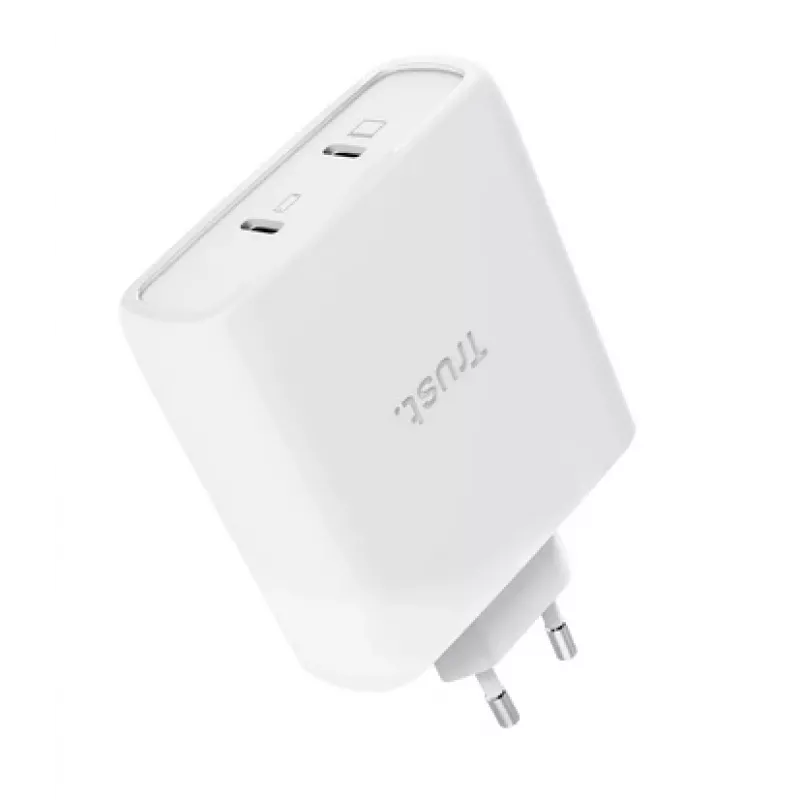 Įkroviklis TRUST Maxo 100W 2-Port USB-C GaN — 100 W, 2x USB-C, 20 V maks., AC vidaus, 2 m laidas, baltas
