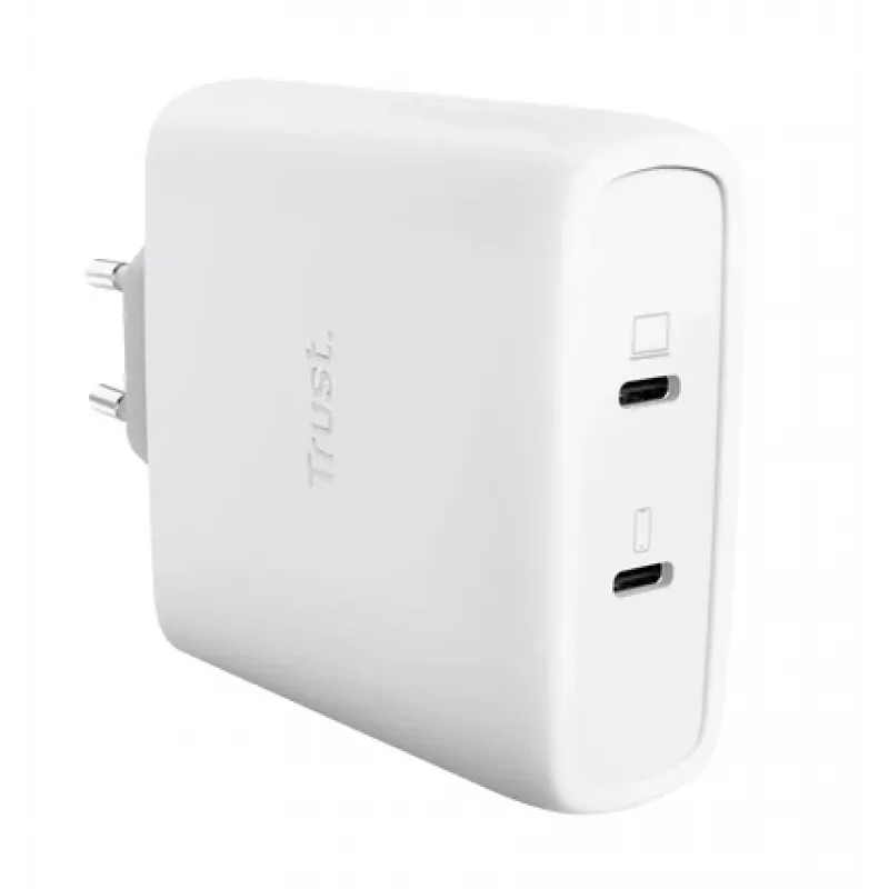 Įkroviklis TRUST Maxo 100W 2-Port USB-C GaN — 100 W, 2x USB-C, 20 V maks., AC vidaus, 2 m laidas, baltas