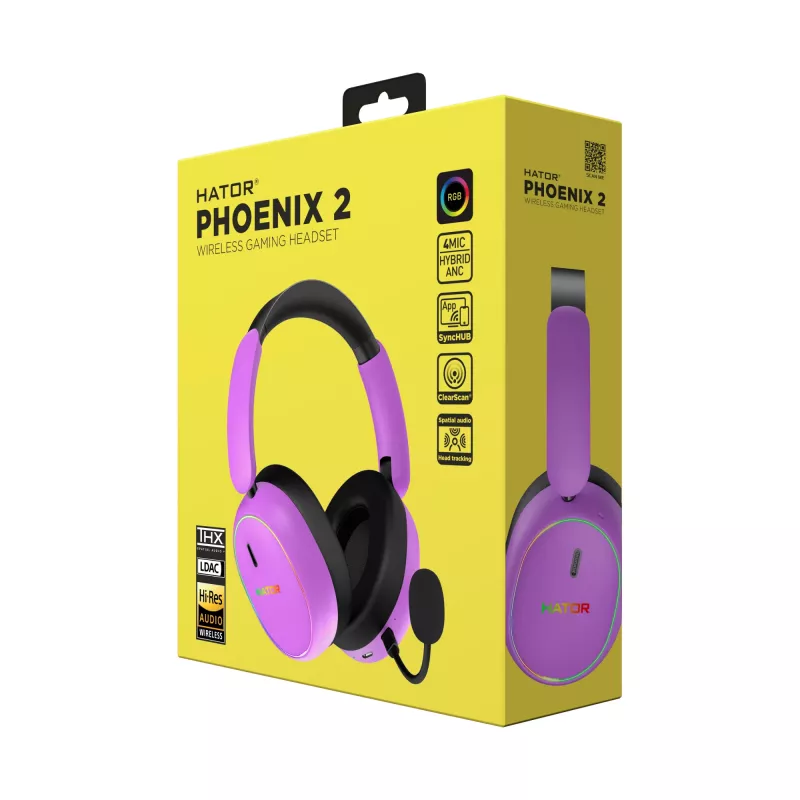 HATOR Phoenix 2 Wireless ausinės žaidimams, belaidės ir laidinės, USB Type-C / USB Type-A, Bluetooth, violetinės