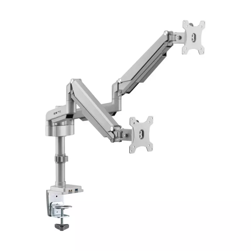 Dviejų monitorių dujinio stovo laikiklis Tripp Lite (EATON) DDR1732DAL, 13–34 colių, spaustuvas arba grometas, USB ir garso prievadai, sidabrinis