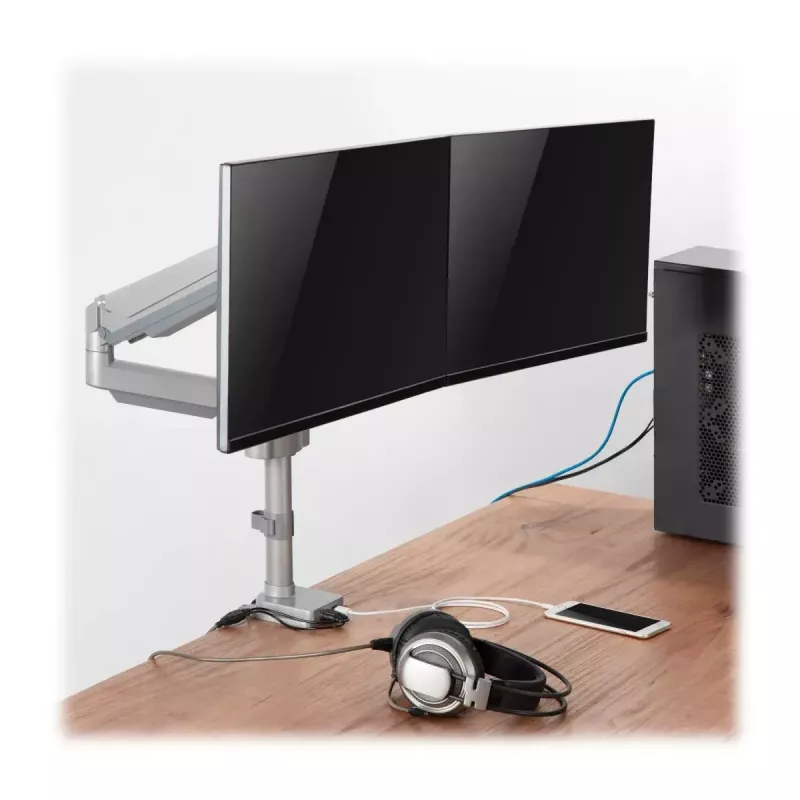 Dviejų monitorių dujinio stovo laikiklis Tripp Lite (EATON) DDR1732DAL, 13–34 colių, spaustuvas arba grometas, USB ir garso prievadai, sidabrinis